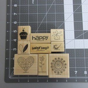 Stampin' Up 9 Piece Lot Wood Mounted Stamps HAPPY HELLO HEART Card Making NEW